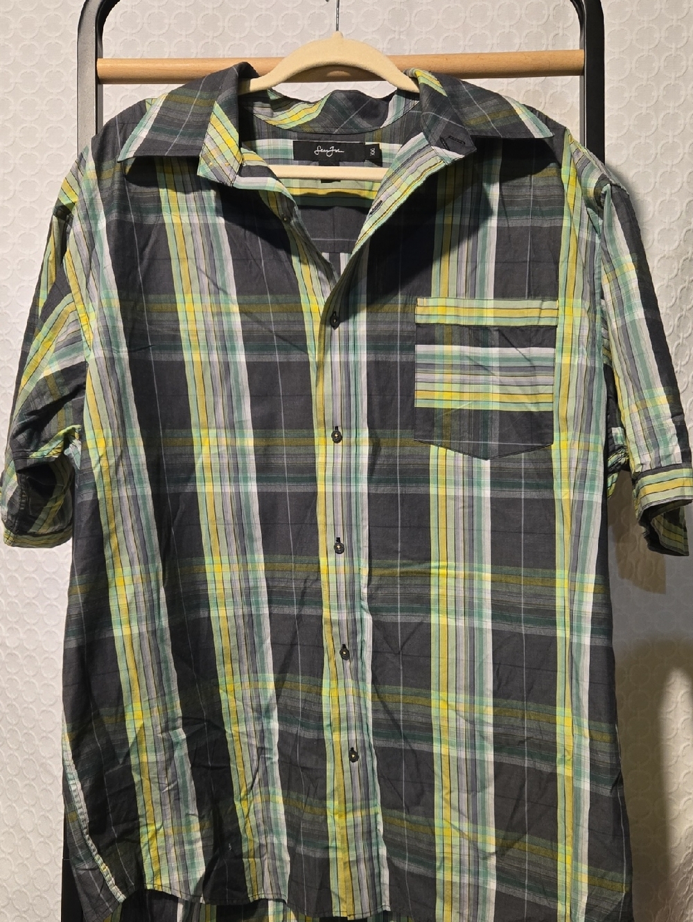 Sean John Short-Sleeve Plaid Button-Down Shirt - Gray & Yellow